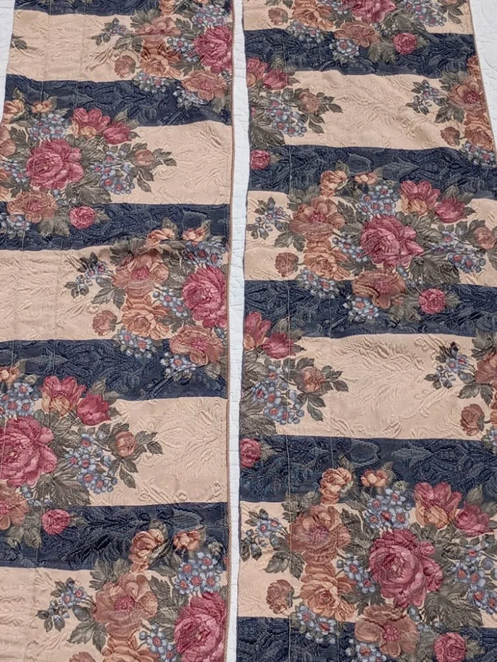 Vintage JC Penney Curtain Valances Heavy Tapestry Blue Beige Floral Stripe PAIR